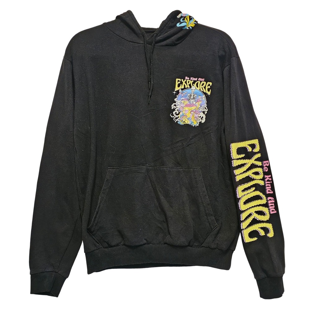 Fresh Laundry Mens Black Be Kind And Explore Skeleton Mushroom Hoodie Medium JT4